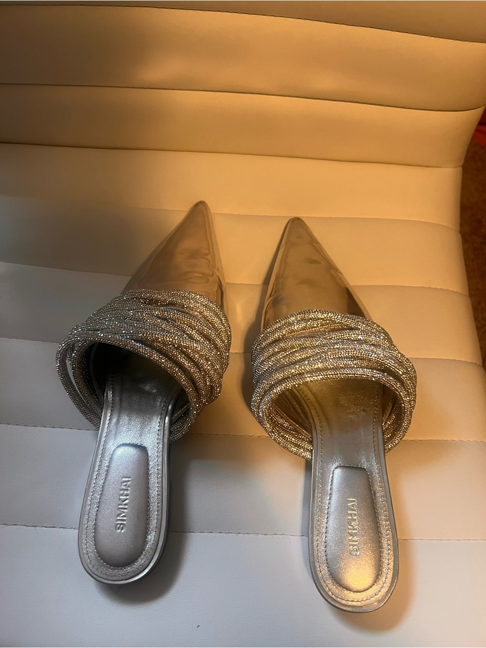 Shiny Silver Pointed-Toe Leather Mules with Crystal Trim - Picture 5 of 6
